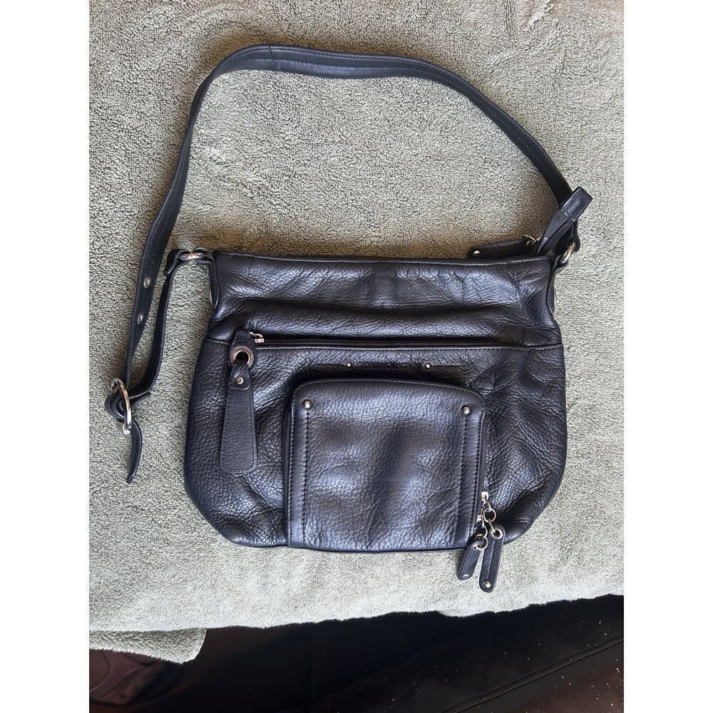 Stone Mountain Black Leather Shoulder Bag Adjustable Strap Pink Lining Purse